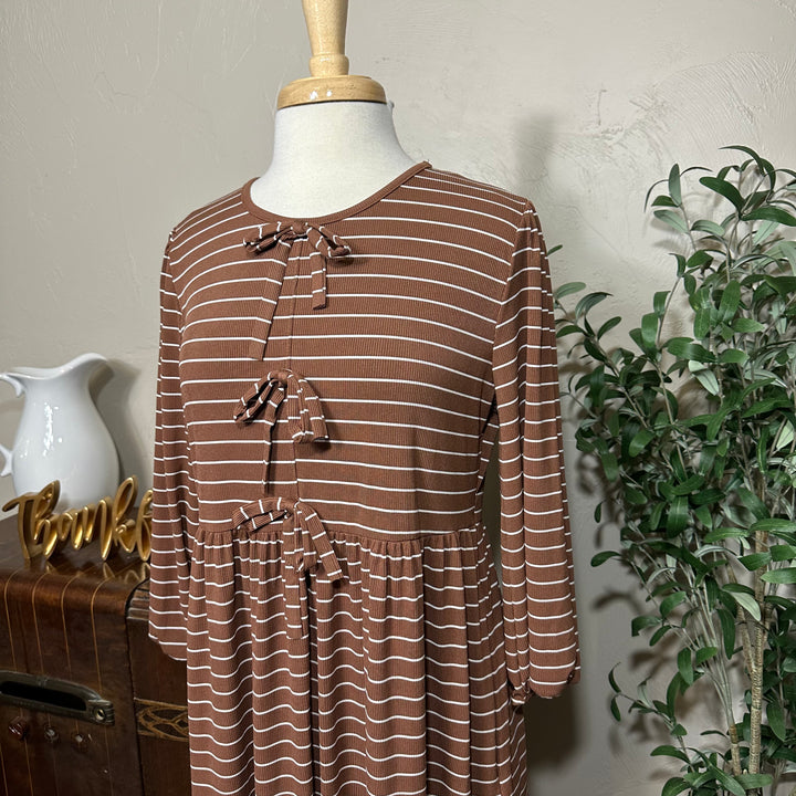 Ellie Triple Bow Striped Dress in toffee brown, bodice and gathered waist, angled close-up