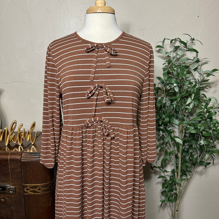 Ellie Triple Bow Striped Dress in toffee brown, striped bow detail close-up