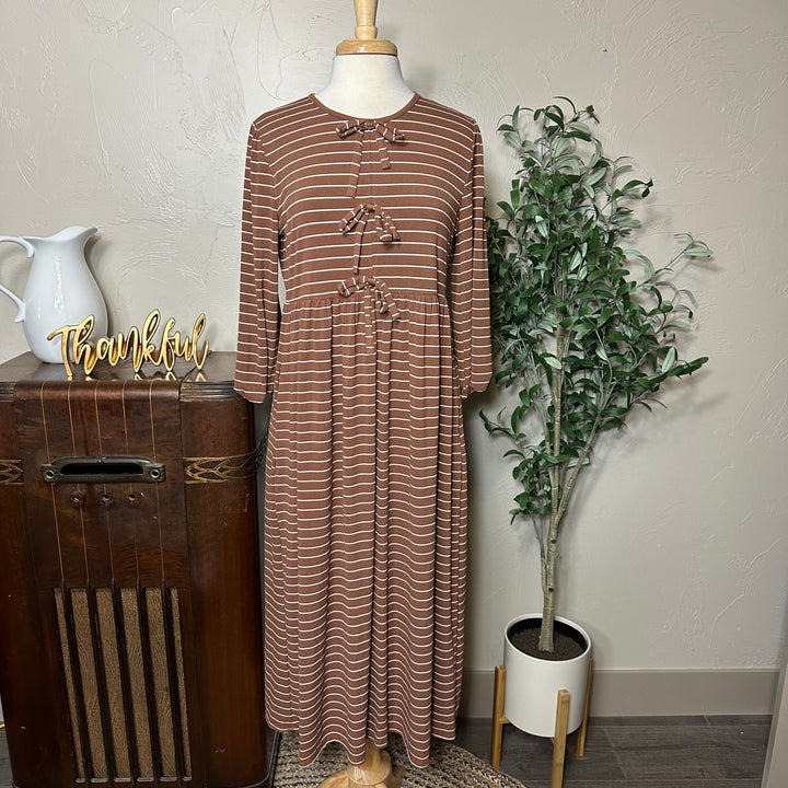 Ellie Triple Bow Striped Dress in toffee brown, white stripes, full front view