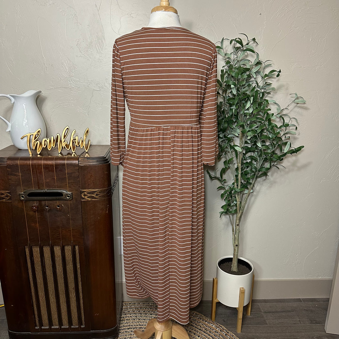 Ellie Triple Bow Striped Dress in toffee brown, gathered back waist, back view