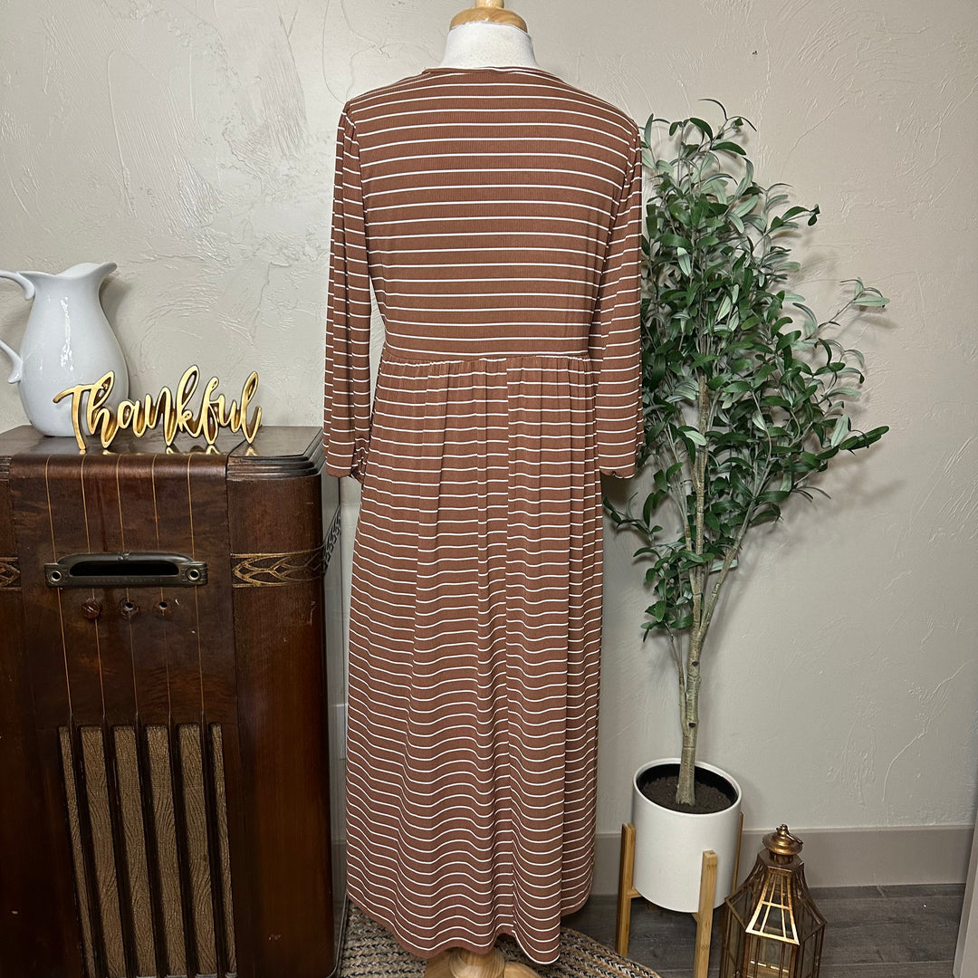 Ellie Triple Bow Striped Dress in toffee brown, full back view