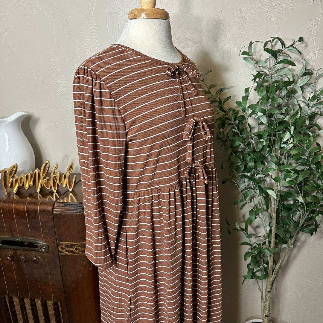 Ellie Triple Bow Striped Dress in toffee brown, ribbed knit, three-quarter view
