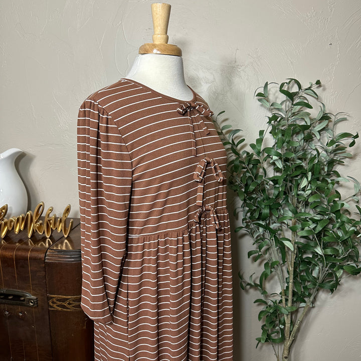 Ellie Triple Bow Striped Dress in toffee brown, puffed 3/4 sleeves, angled view