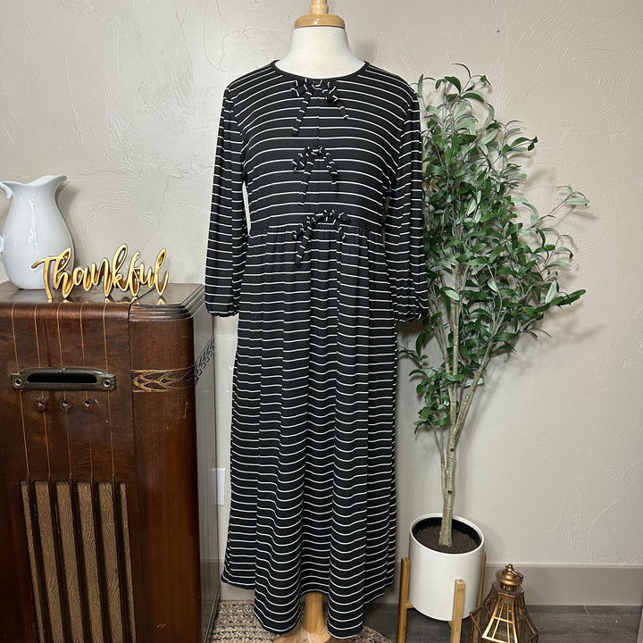Ellie Triple Bow Striped Dress in black, three front bows, round neck, front view