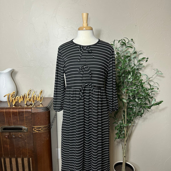 Ellie Triple Bow Striped Dress in black, bodice with three bows, front close-up