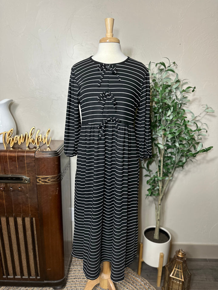 Ellie Triple Bow Striped Dress in black, white stripes and gathered waist, full front view