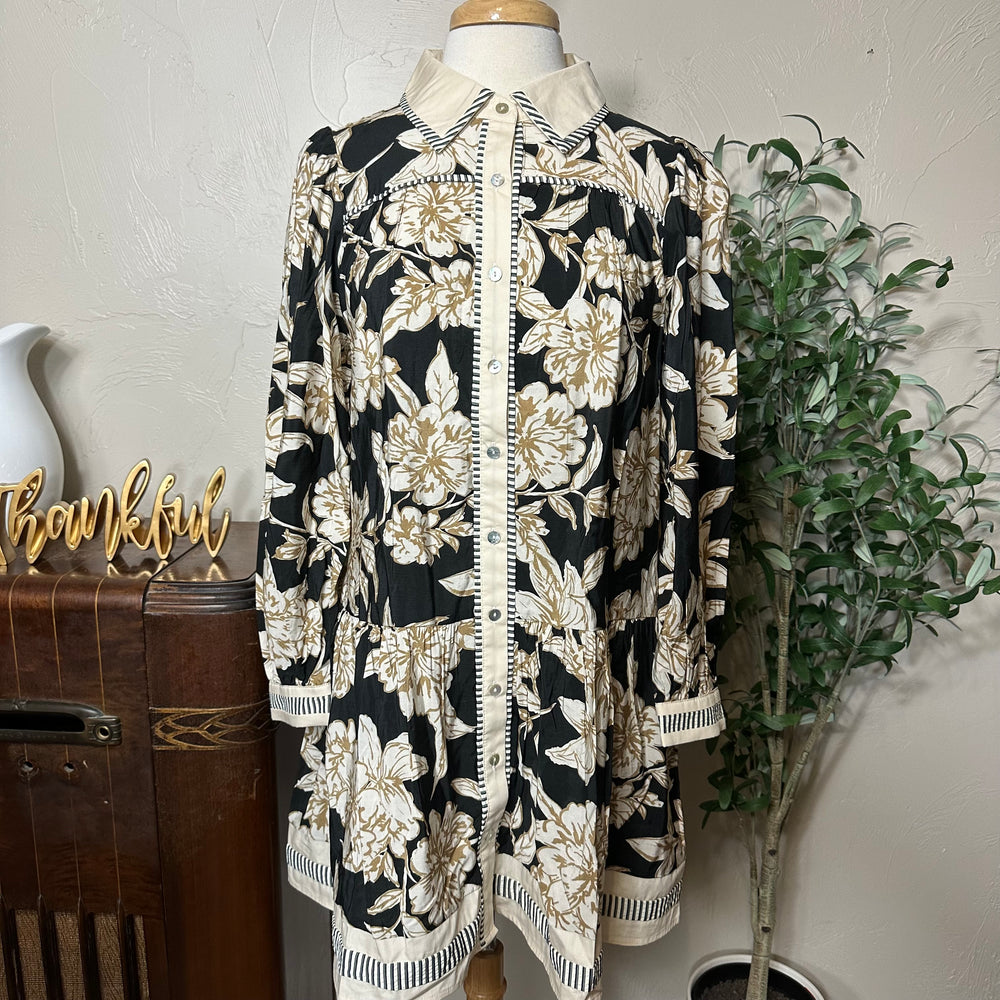 Clara Contrast Collar Floral Blouse, cream and tan floral print on black, full front view