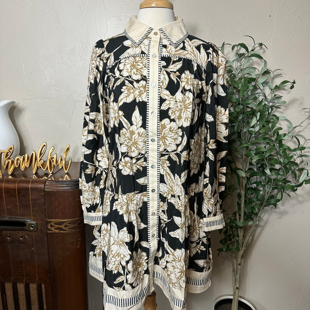 Clara Contrast Collar Floral Blouse, cream and tan floral print on black, full front view