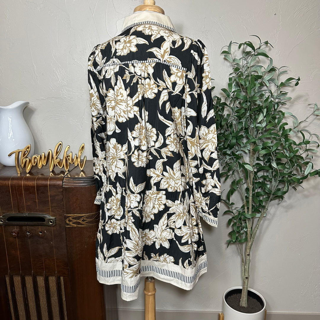Clara Contrast Collar Floral Blouse, gathered tier and striped hem, back view