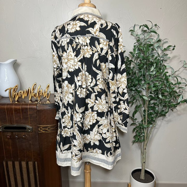 Clara Contrast Collar Floral Blouse, gathered tier and striped hem, back view