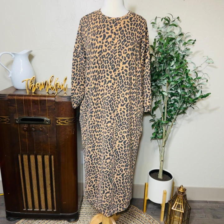 Hazel Ribbed Leopard Maxi Dress in tan and black, round neck, long sleeves, front view