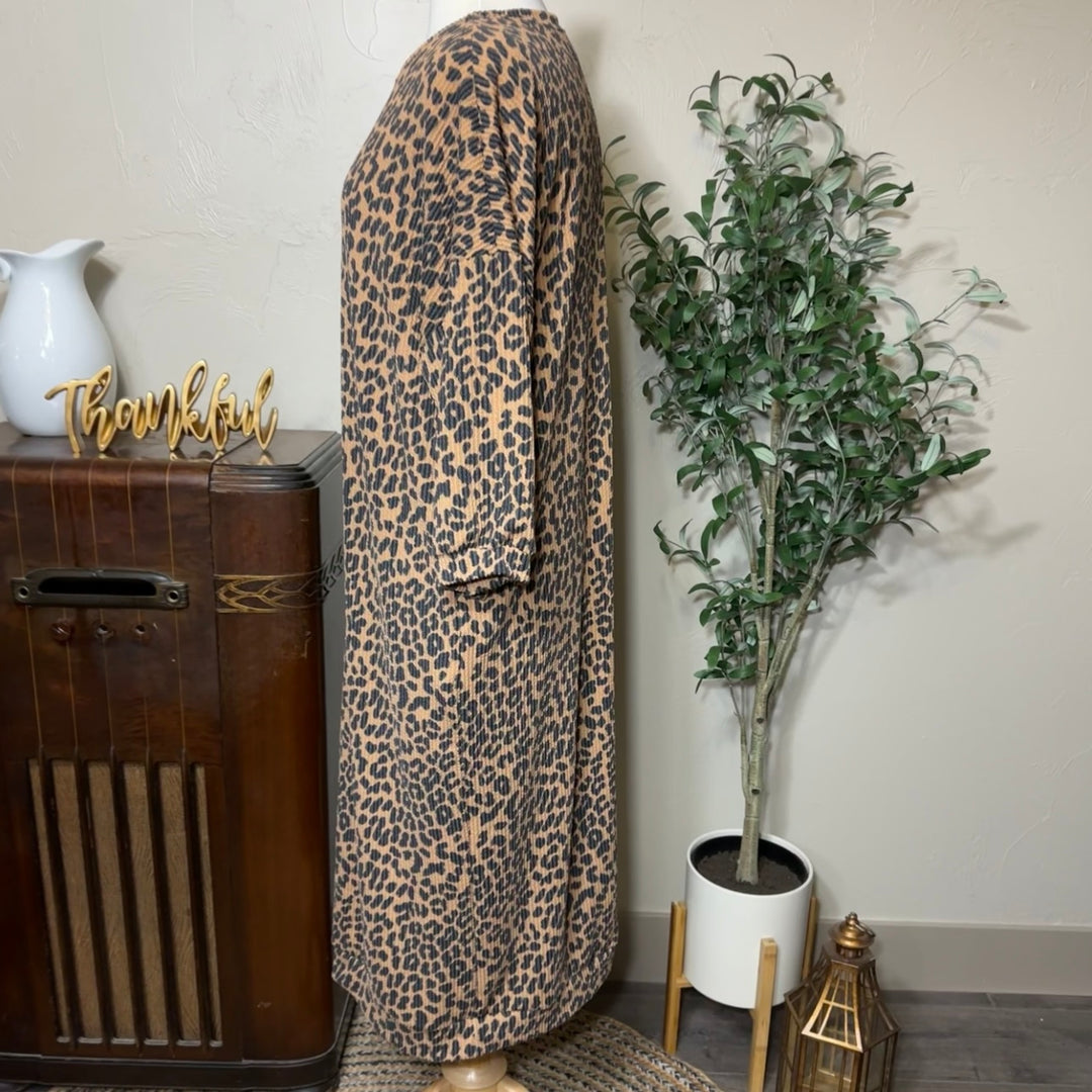 Hazel Ribbed Leopard Maxi Dress, maxi length, full side view
