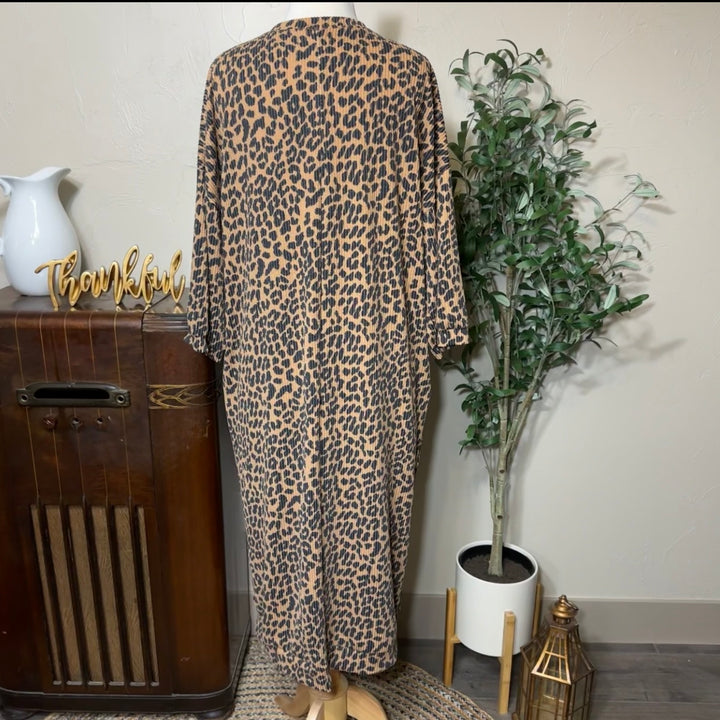Hazel Ribbed Leopard Maxi Dress in tan and black, full back view
