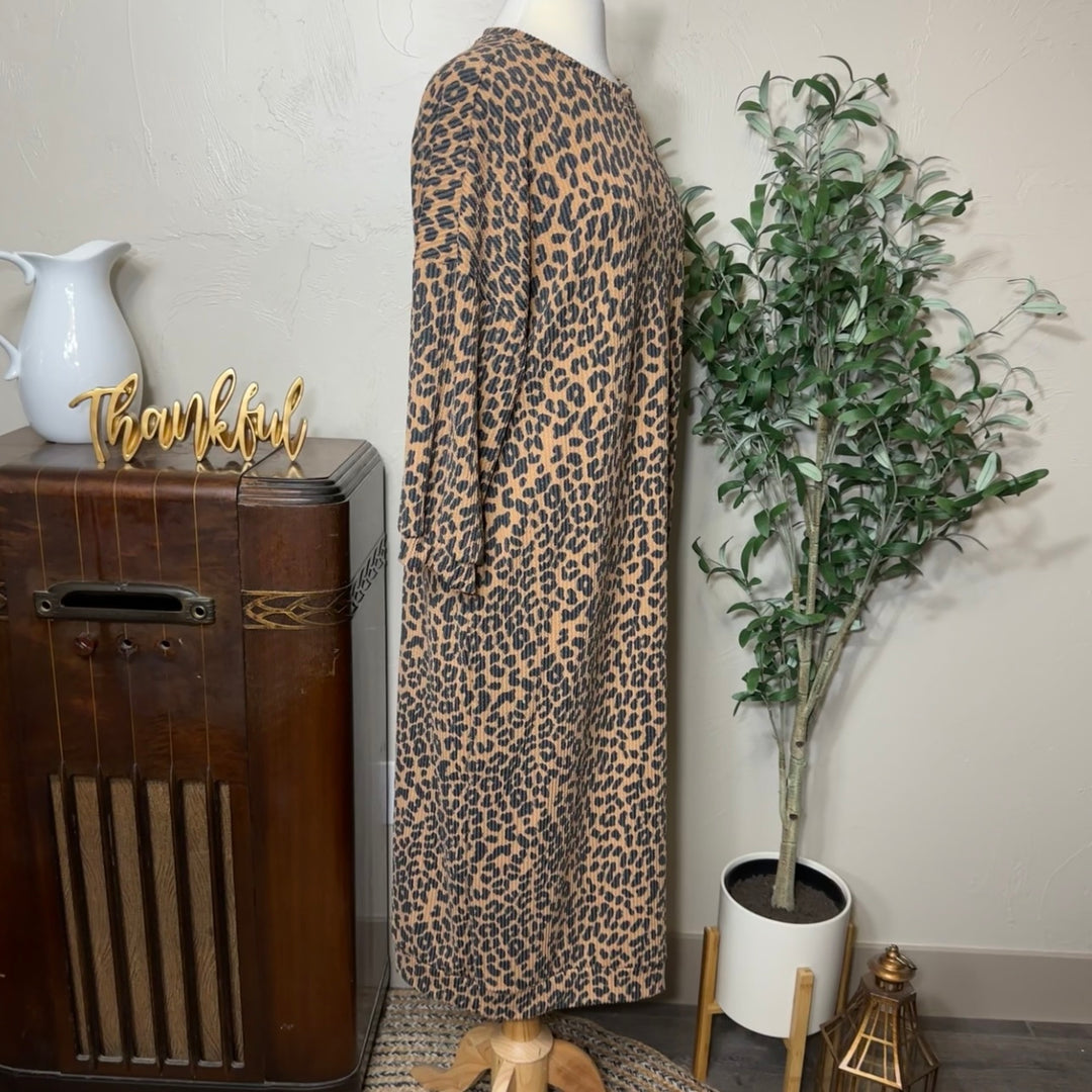 Hazel Ribbed Leopard Maxi Dress, loose fit, left side view