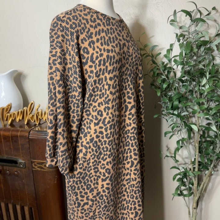 Hazel Ribbed Leopard Maxi Dress, leopard print and long sleeves, angled upper view