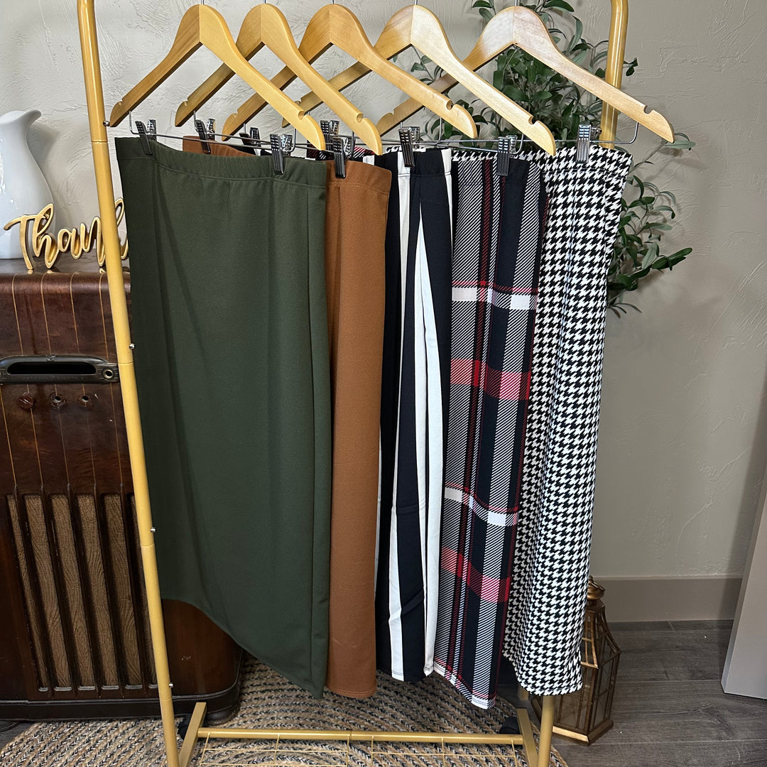 Juliette Pull-On Midi Skirt in five colors, elastic waistbands, side-by-side angled view