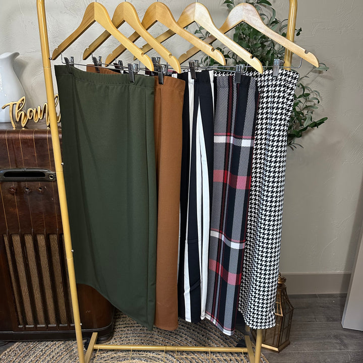 Juliette Pull-On Midi Skirt in five colors, elastic waistbands, side-by-side angled view