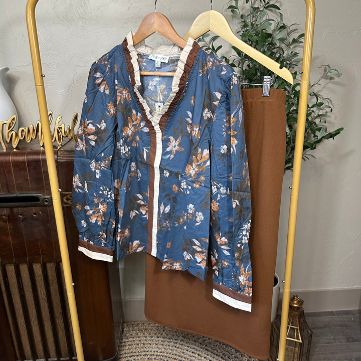 Juliette Pull-On Midi Skirt in maple brown, styled with a blue floral blouse