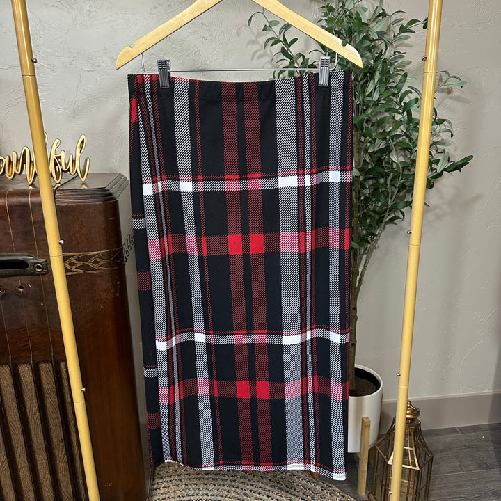 Juliette Pull-On Midi Skirt in black, red, white and pink plaid, front view on hanger