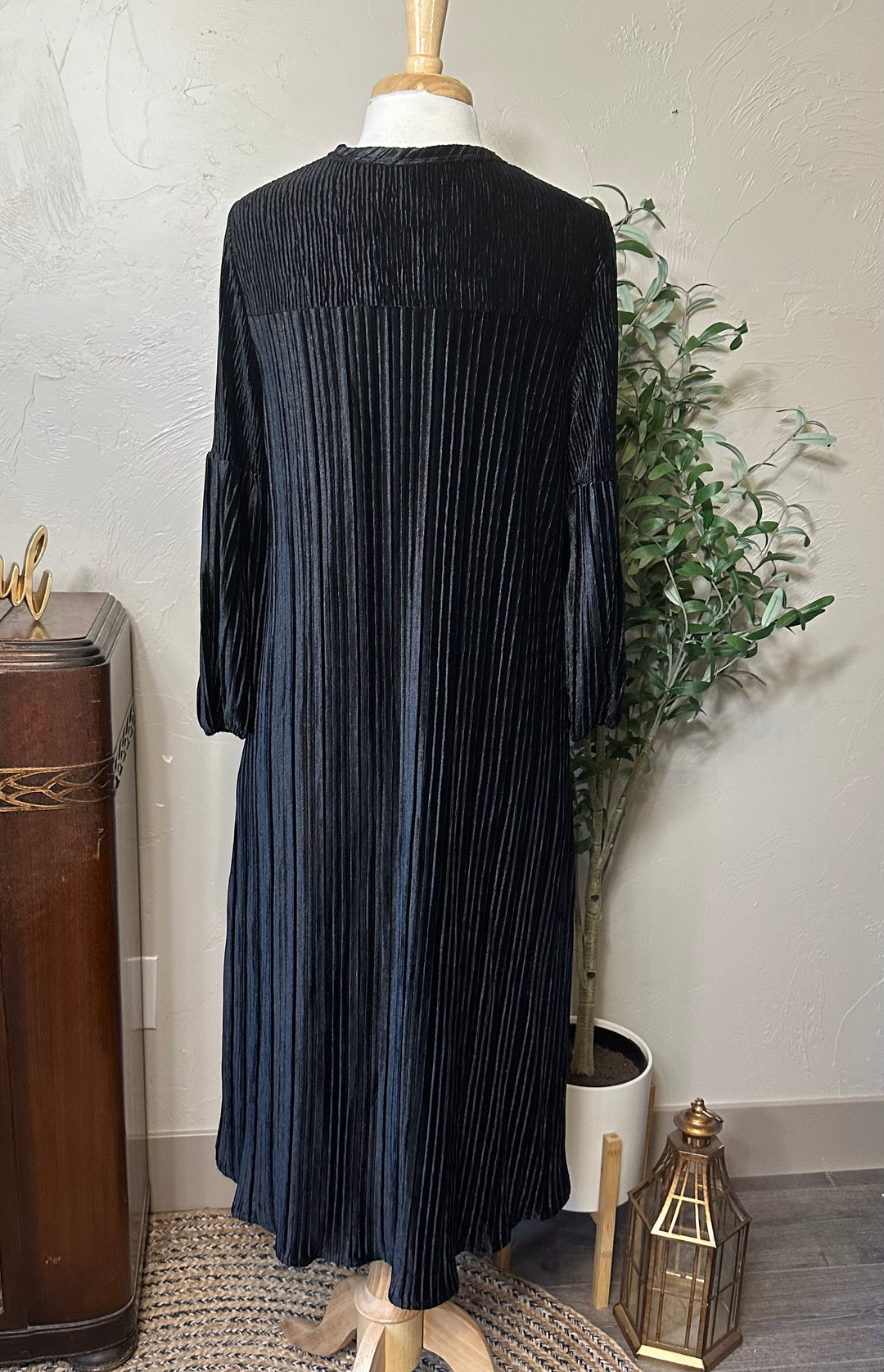 Evelyn Pleated Velvet Midi Dress in black, pleated velvet, full back view