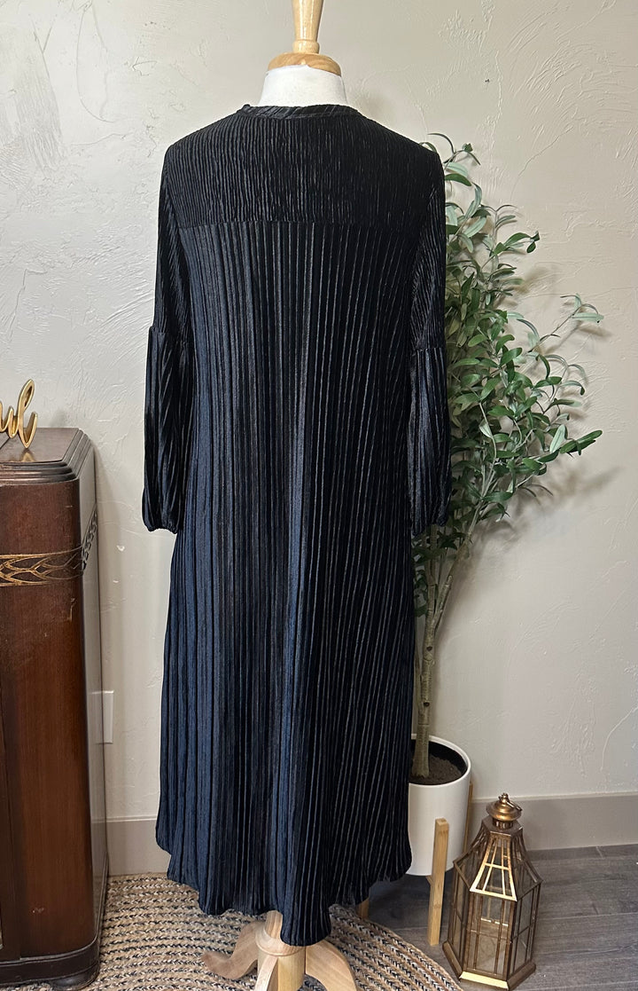 Evelyn Pleated Velvet Midi Dress in black, pleated velvet, full back view