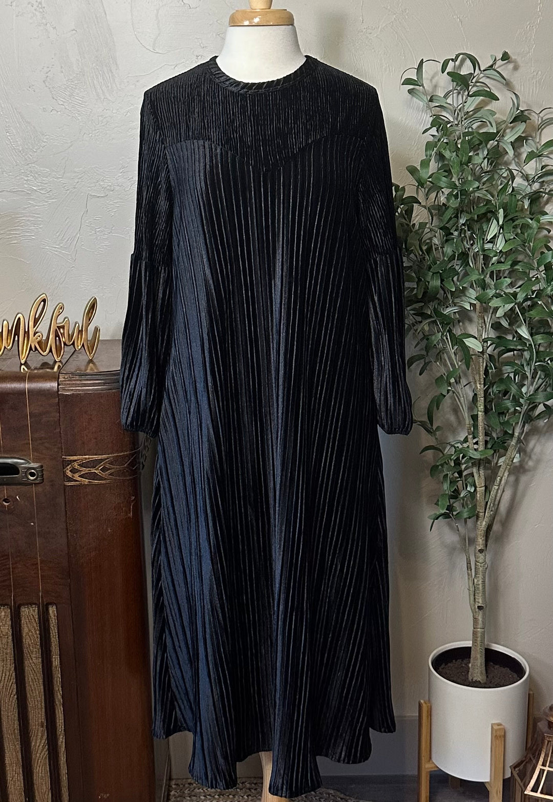Evelyn Pleated Velvet Midi Dress in black, pleated velvet midi length, full front view