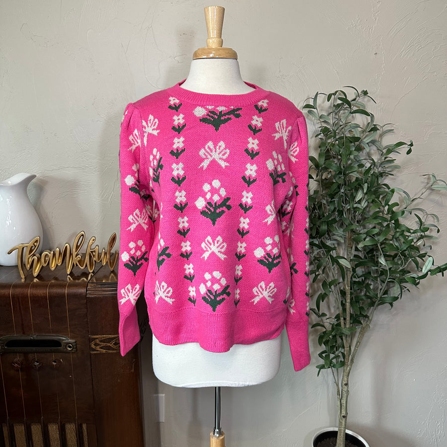 Rosie Bow and Flower Pullover Sweater in pink, cream bows and flowers, front view