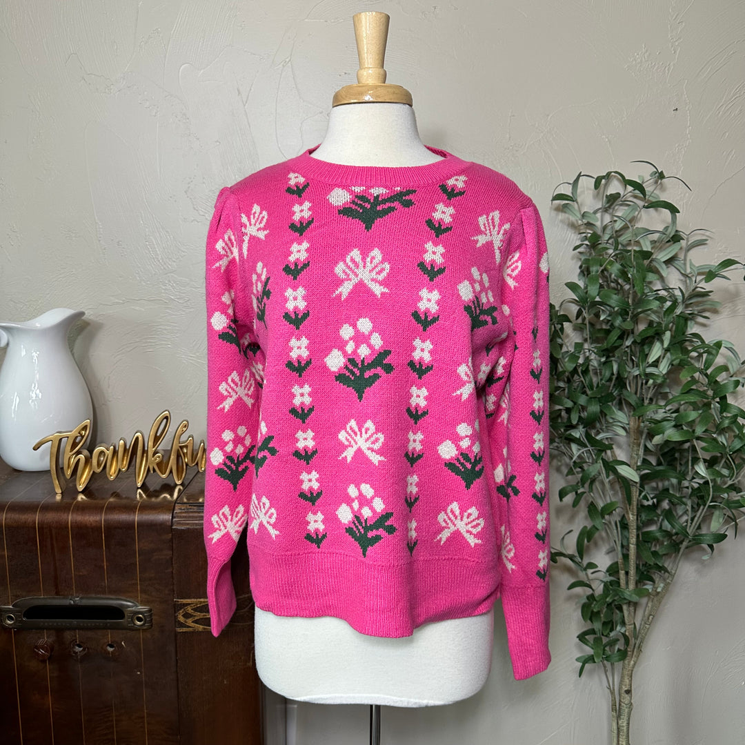 Rosie Bow and Flower Pullover Sweater in pink, ribbed hem and cuffs, full front view
