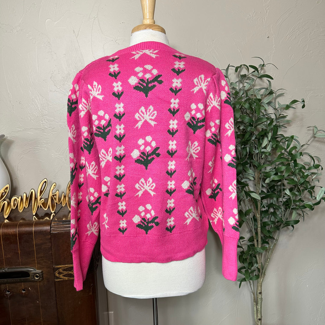 Rosie Bow and Flower Pullover Sweater in pink, bow and flower pattern, back view