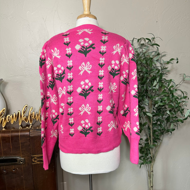 Rosie Bow and Flower Pullover Sweater in pink, bow and flower pattern, back view
