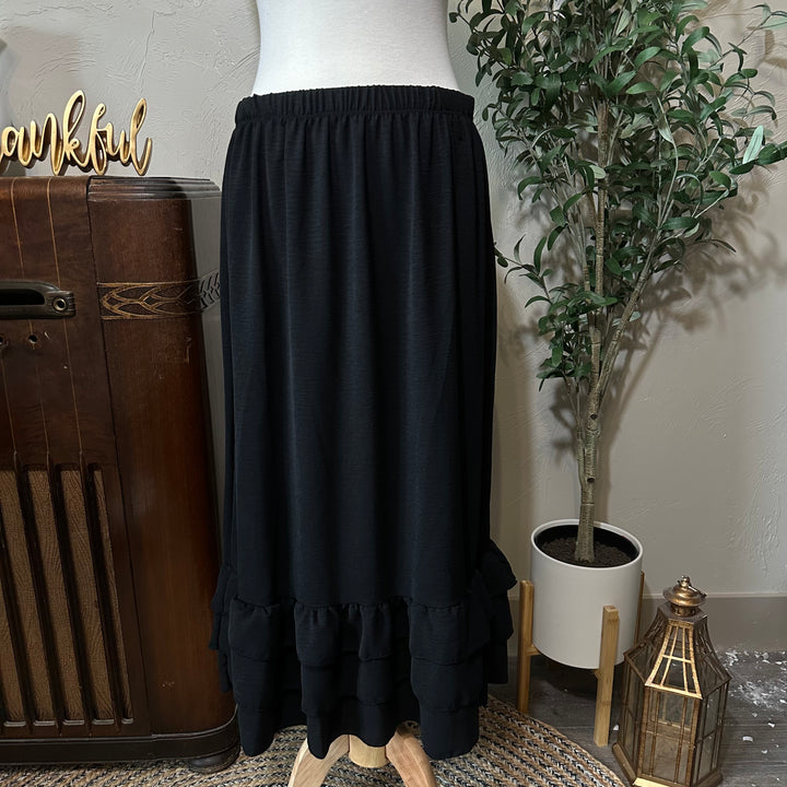 Hattie Tiered Ruffle Skirt in black, elastic waist and three-tier ruffle hem, front view