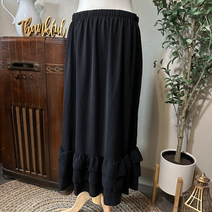 Hattie Tiered Ruffle Skirt in black, long length, full front view