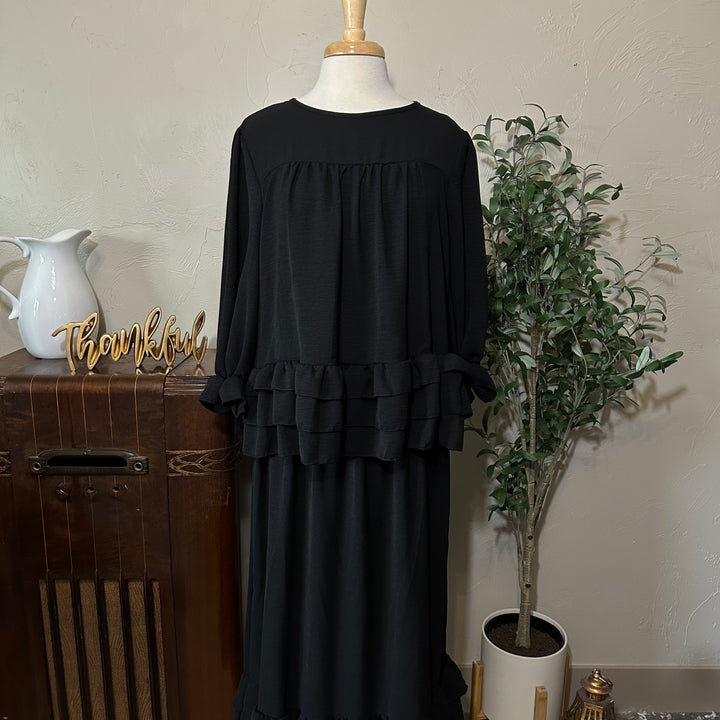 Hattie Tiered Ruffle Top in black, tiered ruffle hem, front view