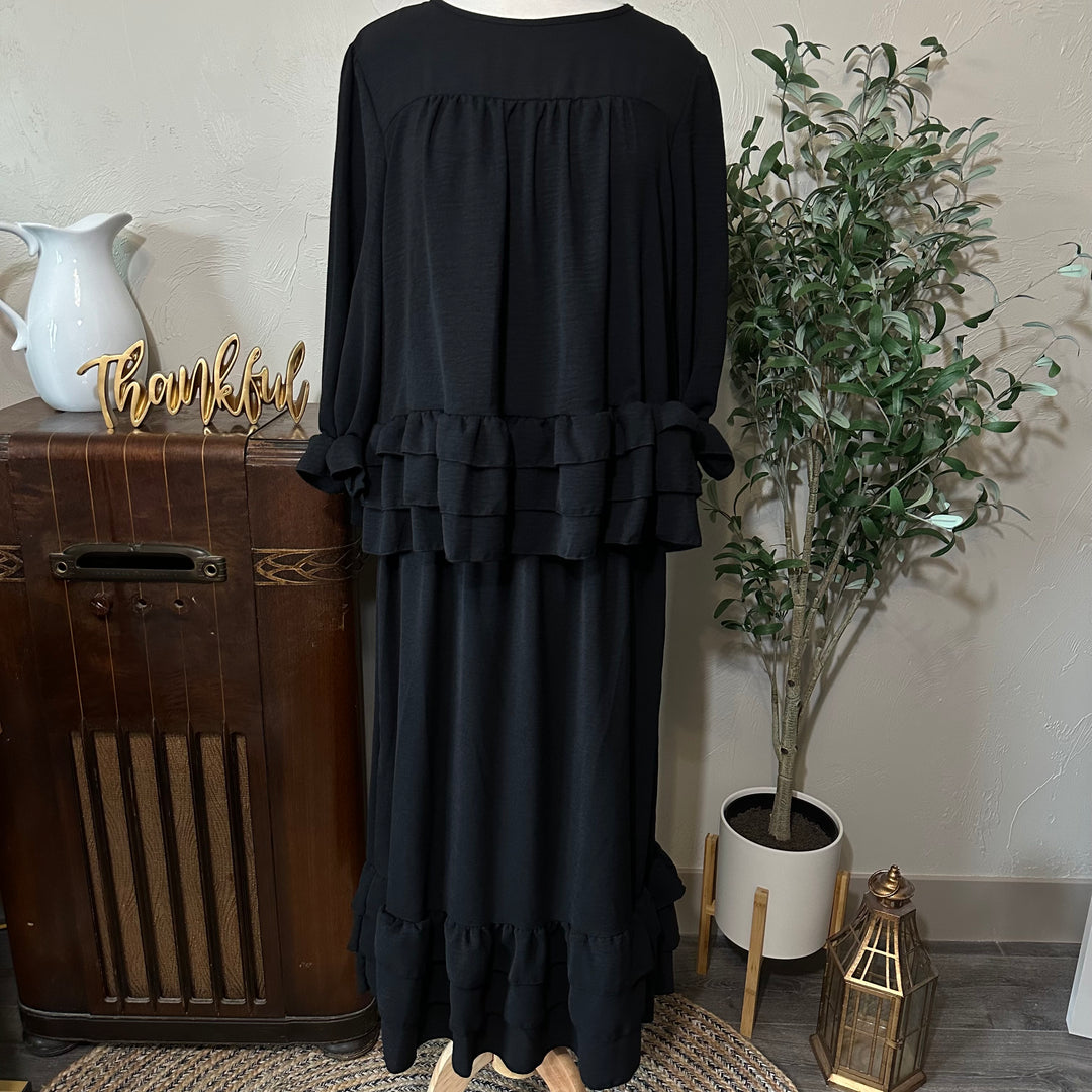 Hattie Tiered Ruffle Top in black, three-tier ruffle hem, full front view with matching skirt