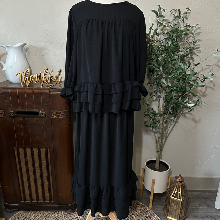 Hattie Tiered Ruffle Top in black, three-tier ruffle hem, full front view with matching skirt