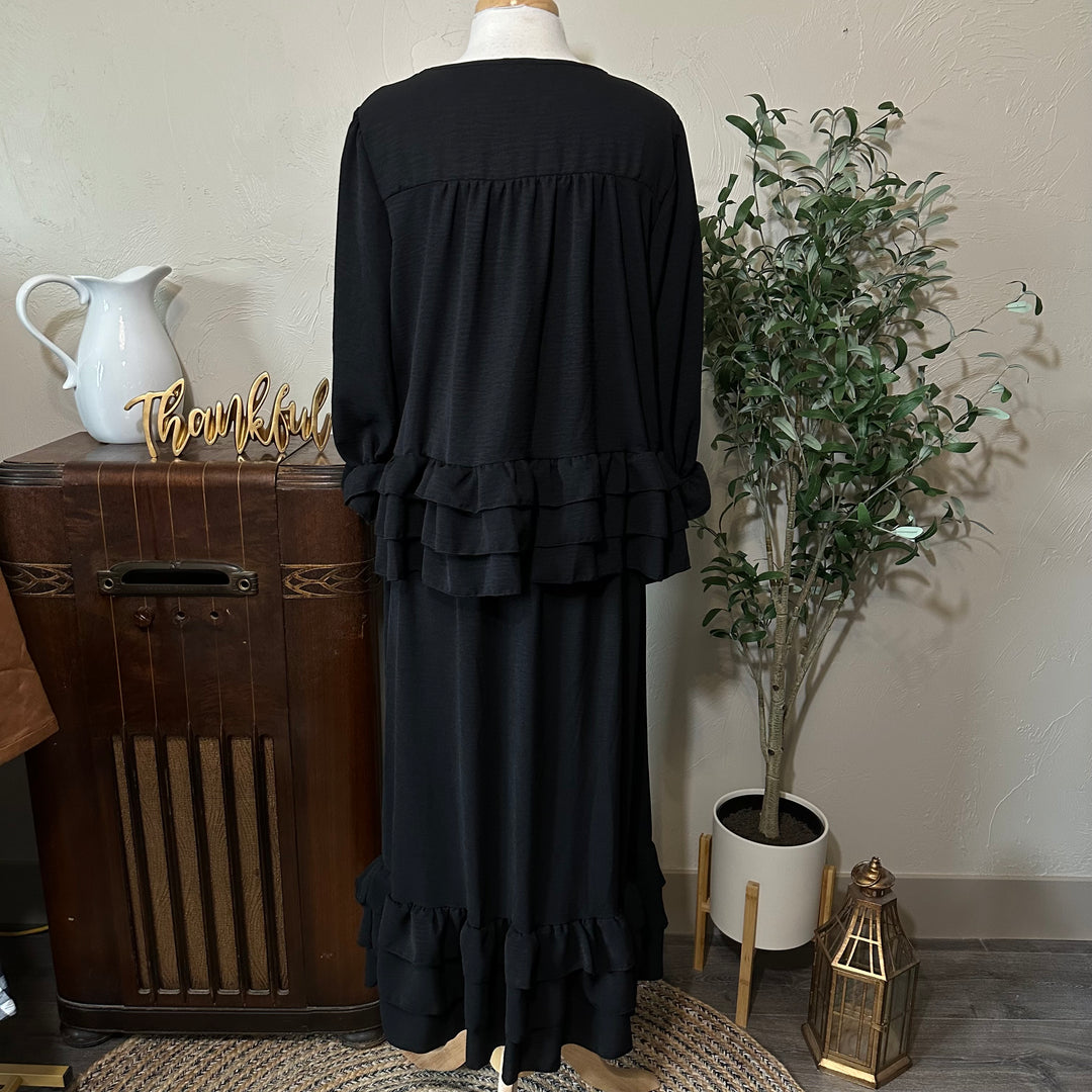 Hattie Tiered Ruffle Top in black, full back view with matching skirt