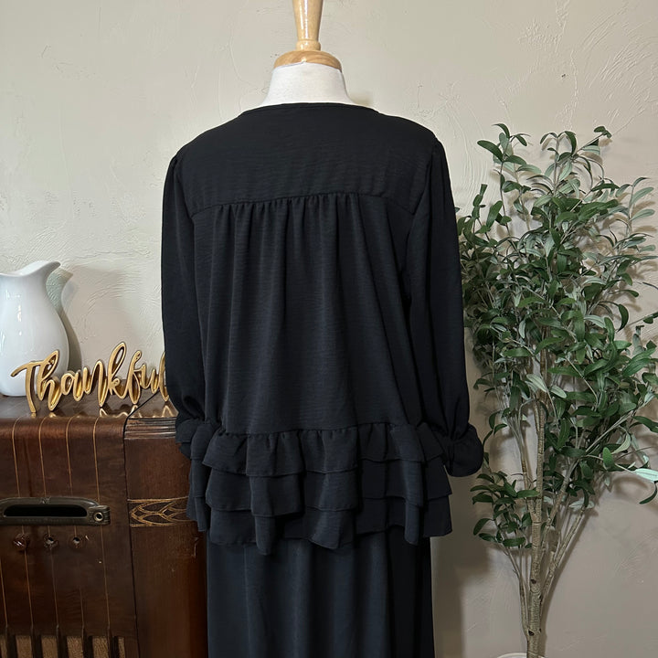 Hattie Tiered Ruffle Top in black, gathered back yoke, back close-up