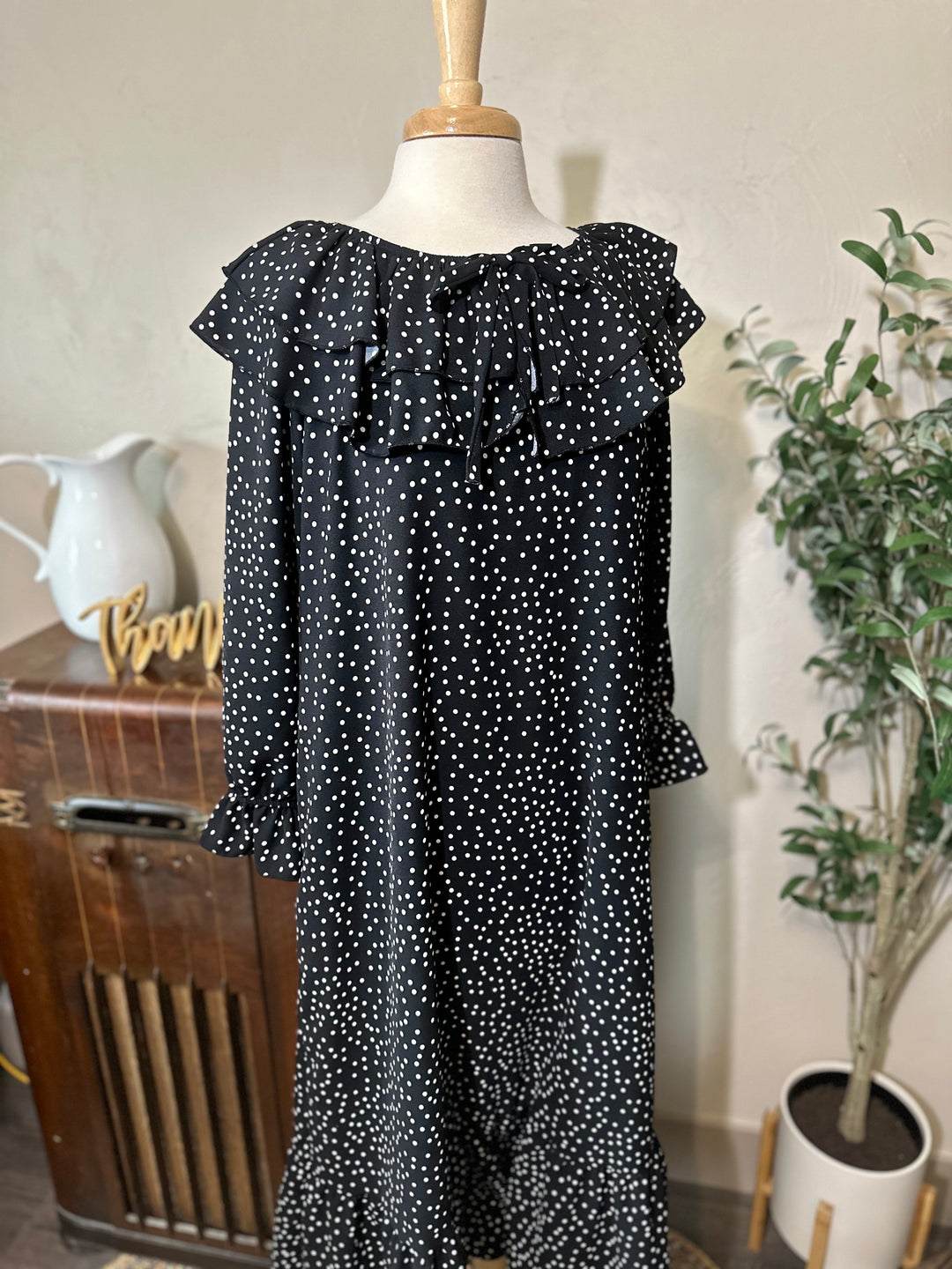 Closer front view of the polka dot dress from the ruffle collar to the ruffle hem