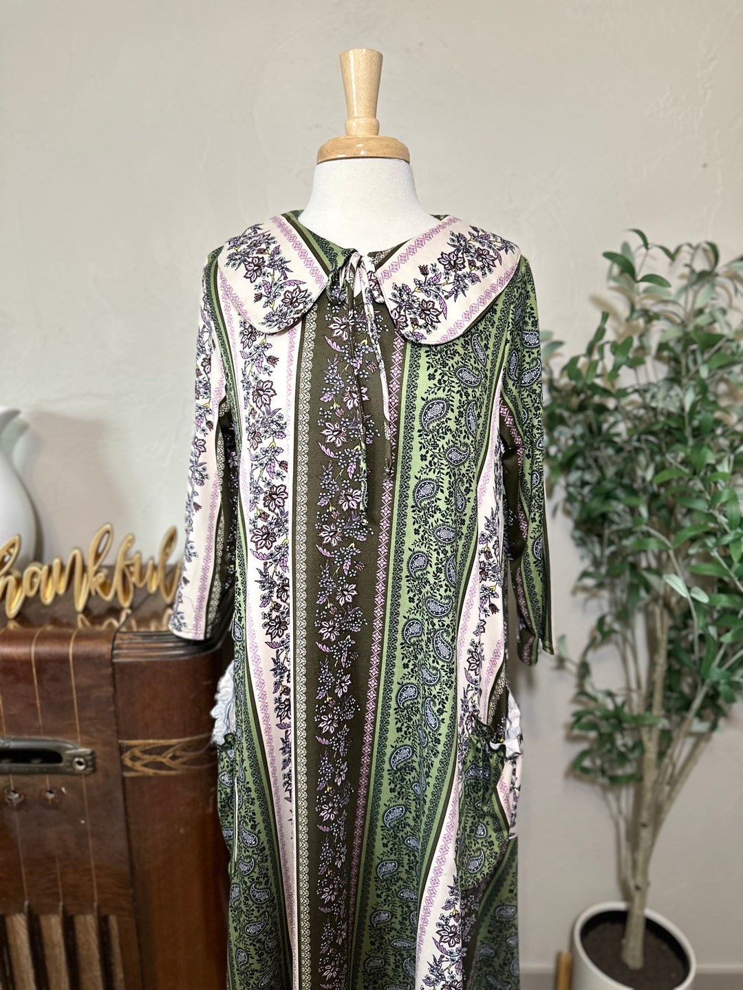 Willa Peter Pan Collar Floral Stripe Dress in green floral, collar and 3/4 sleeves, three-quarter view