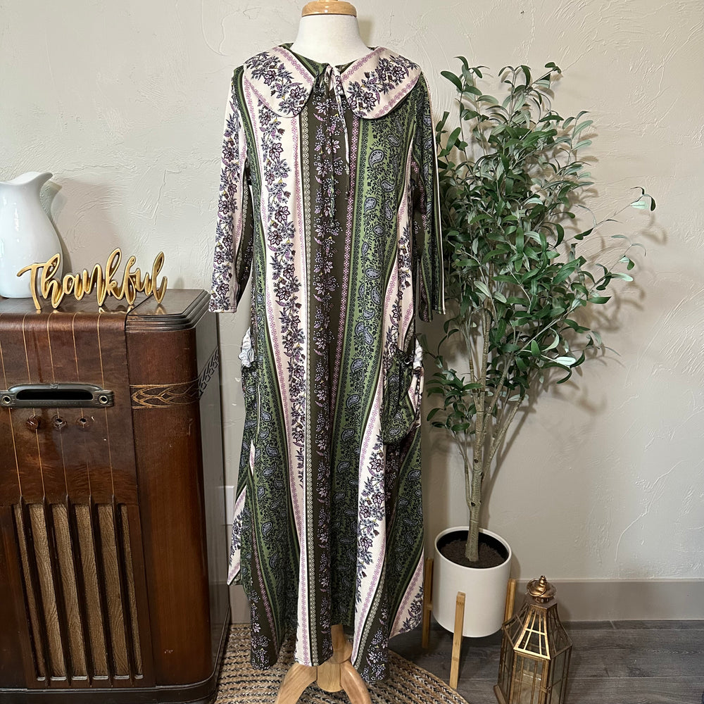 Willa Peter Pan Collar Floral Stripe Dress in green floral, floral and paisley stripes, front view