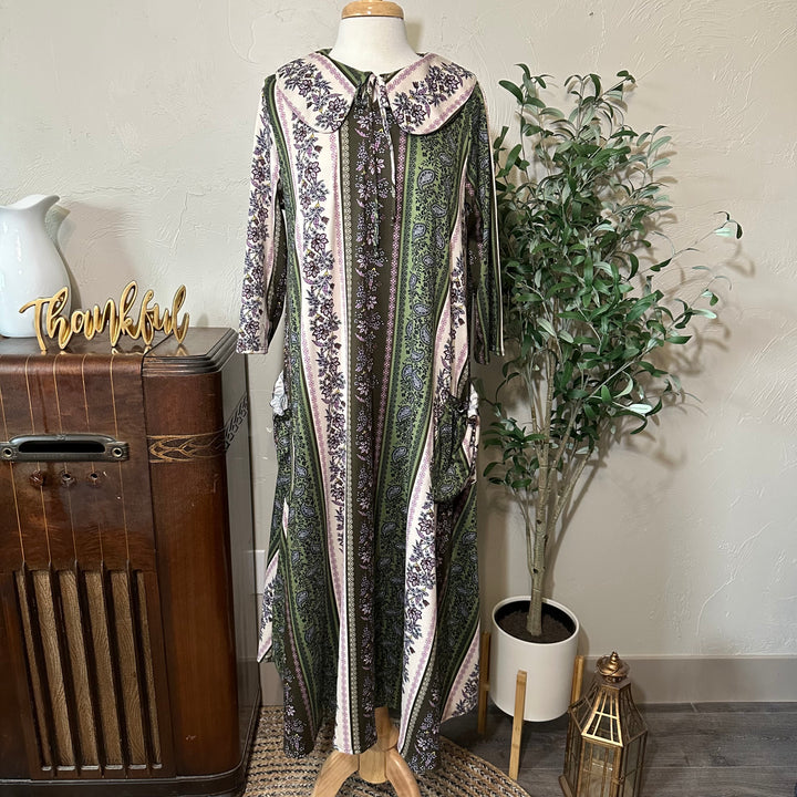 Willa Peter Pan Collar Floral Stripe Dress in green floral, floral and paisley stripes, front view