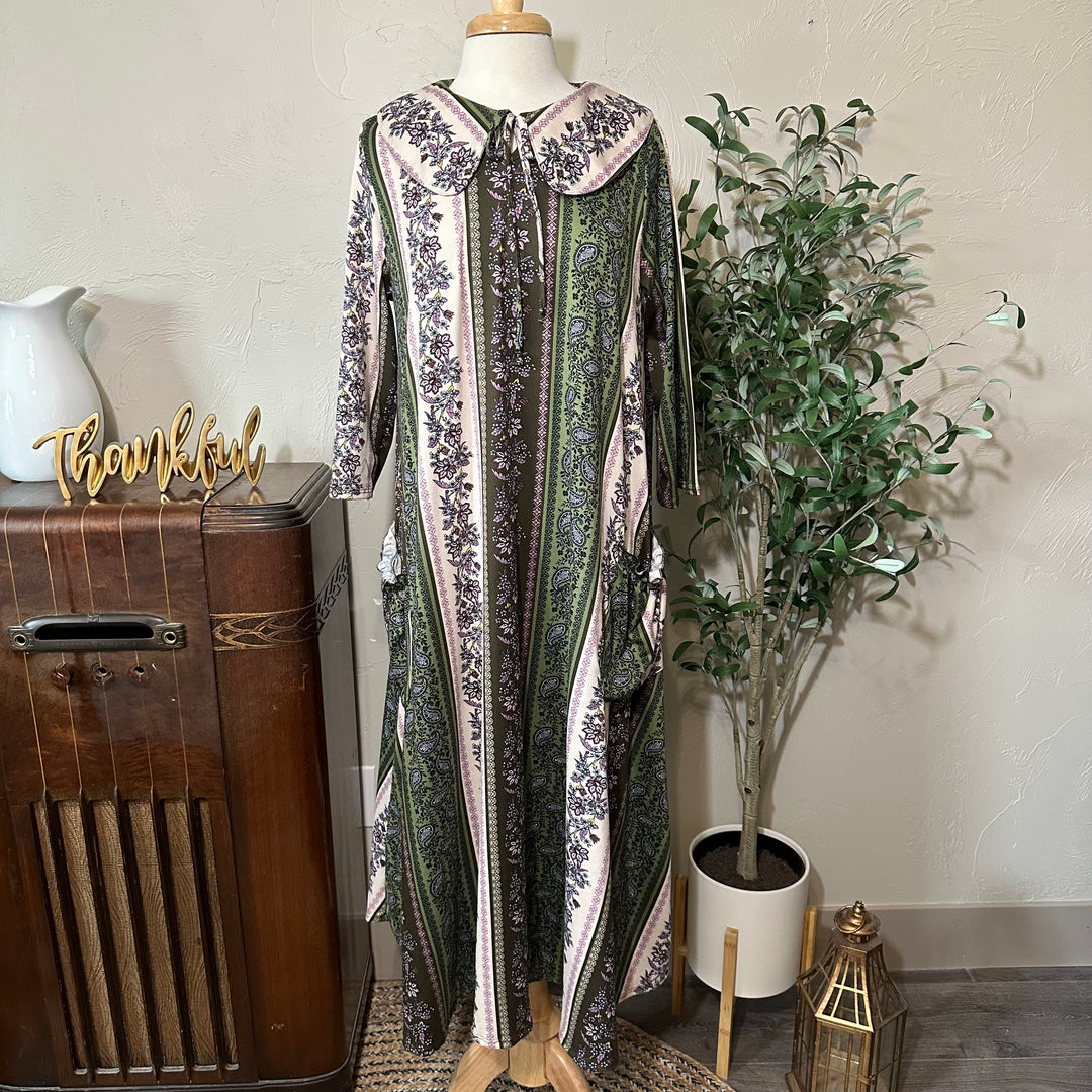 Willa Peter Pan Collar Floral Stripe Dress in green floral, gathered pockets, full-length front view