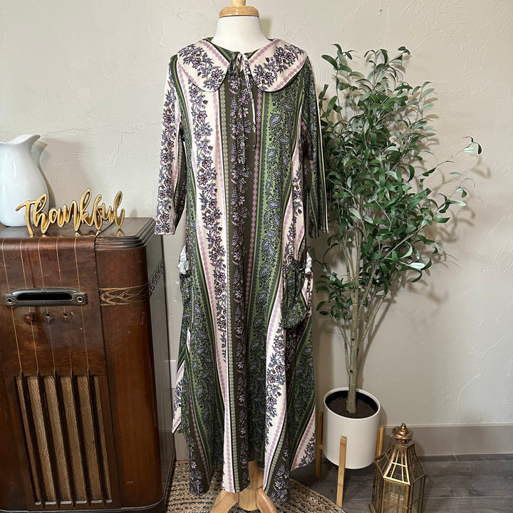 Willa Peter Pan Collar Floral Stripe Dress in green floral, gathered pockets, full-length front view