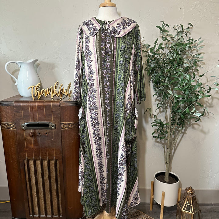 Willa Peter Pan Collar Floral Stripe Dress in green floral, relaxed flowing shape, front view