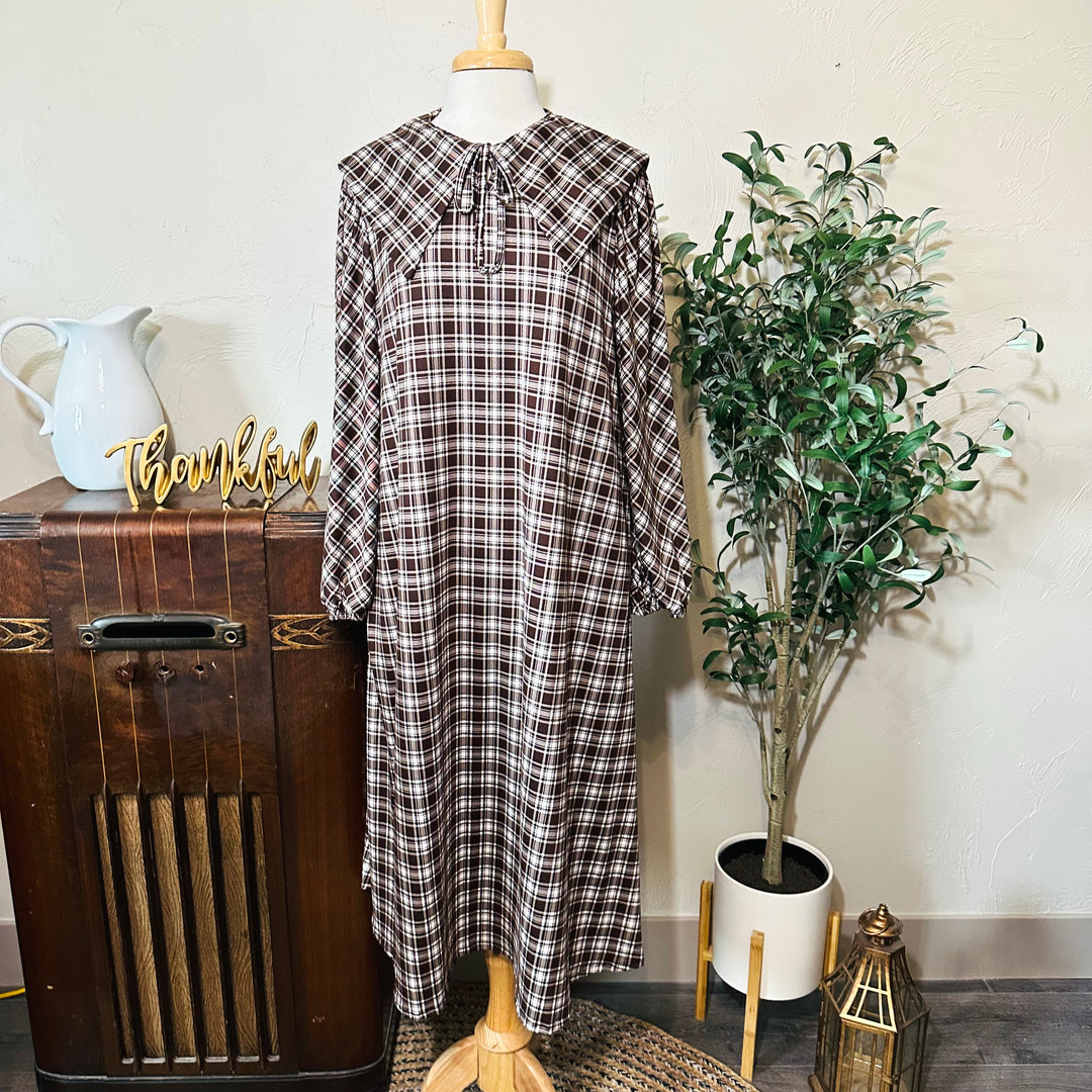 Mabel Sailor Collar Plaid Dress in brown plaid, sailor collar and neck tie, full front view