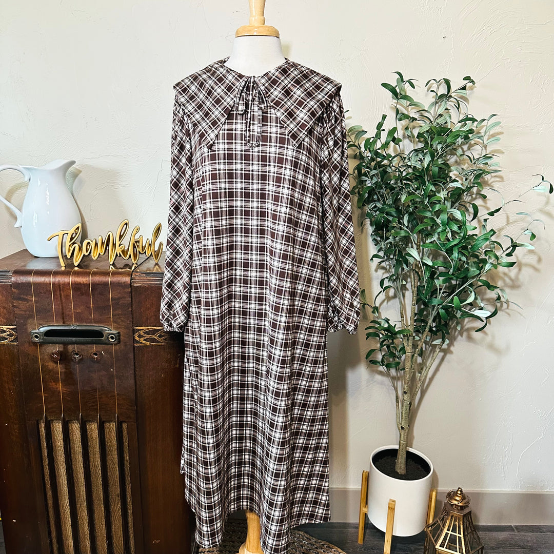 Mabel Sailor Collar Plaid Dress in brown plaid, long sleeves and flowing shape, front view