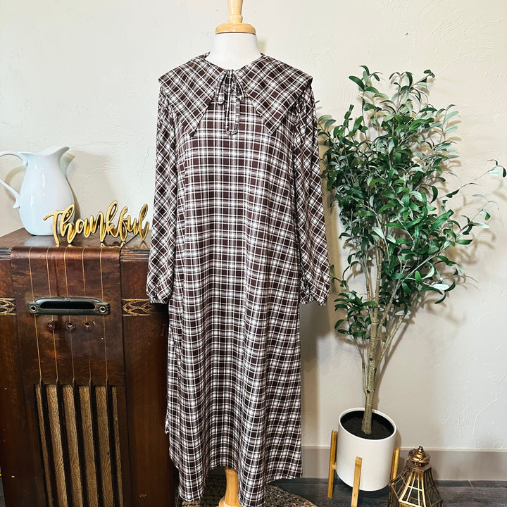 Mabel Sailor Collar Plaid Dress in brown plaid, long sleeves and flowing shape, front view