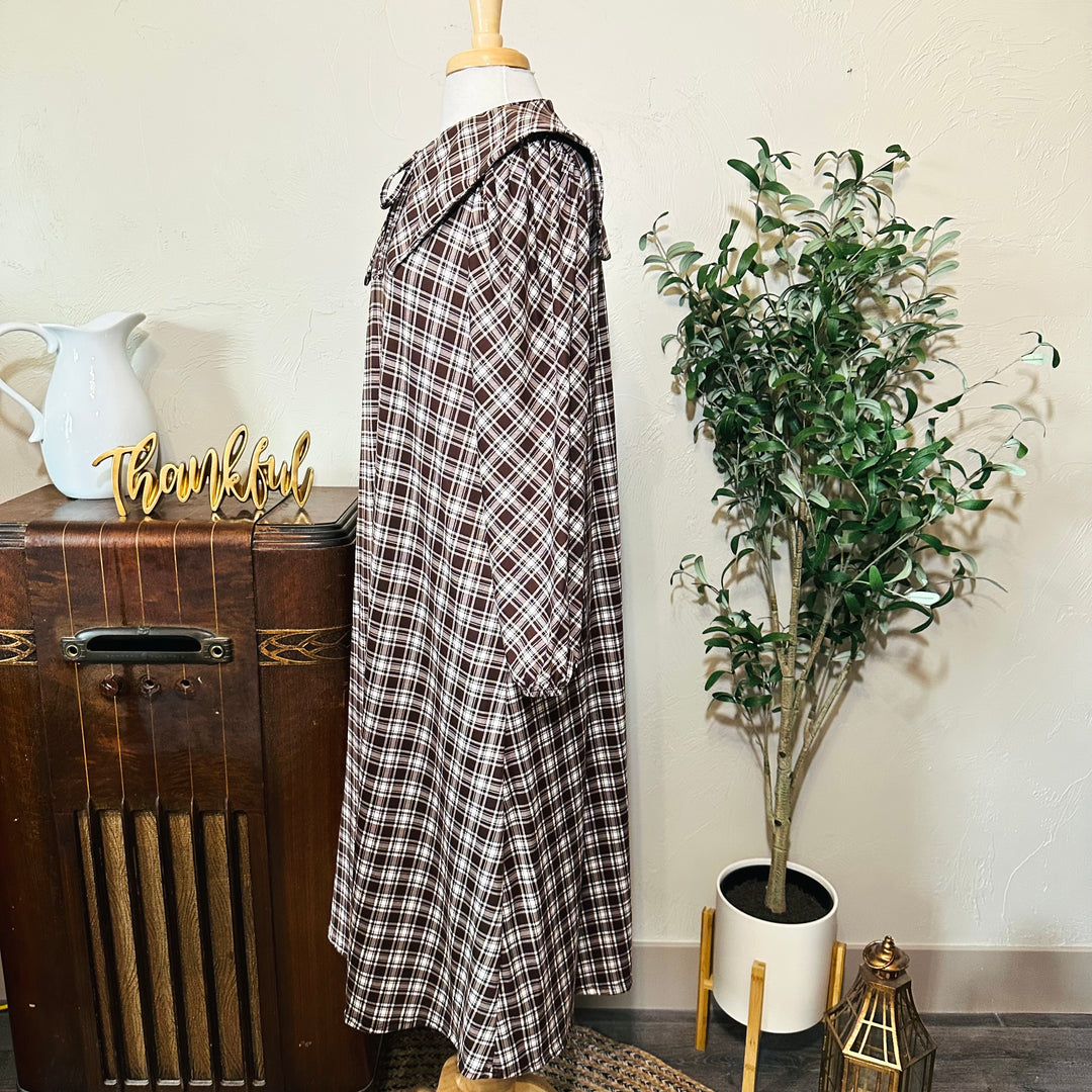 Mabel Sailor Collar Plaid Dress in brown plaid, relaxed shape, side view