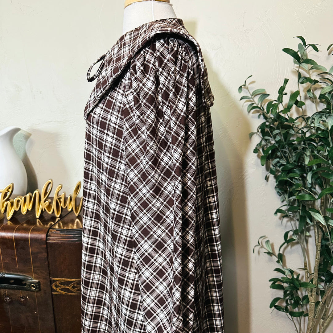 Mabel Sailor Collar Plaid Dress in brown plaid, gathered shoulder, side close-up