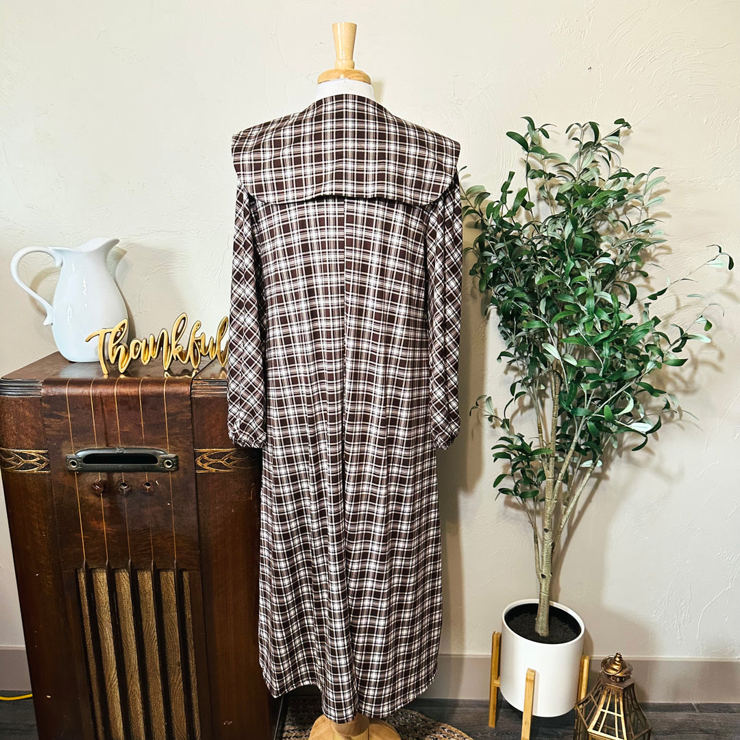 Mabel Sailor Collar Plaid Dress in brown plaid, square back collar, full back view